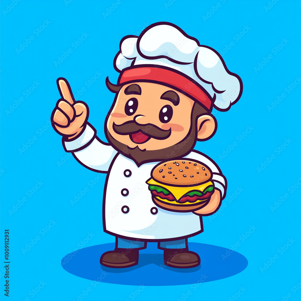 A cartoon chef holding a burger and pointing up, logo design on a blue background in a simple and flat style. A cartoon chef holding a burger and pointing up, logo design on a blue background in a simple and flat style.