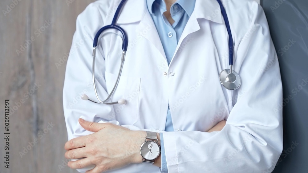 Professional doctor in white coat with stethoscope standing with arms crossed. Unrecognizable woman physician is ready to help patients. Medicine concept Professional doctor in white coat with stethoscope standing with arms crossed. Unrecognizable woman physician is ready to help patients. Medicine concept
