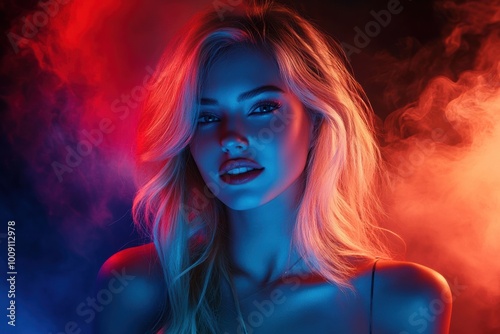 a blonde woman with vibrant neon lighting, featuring a mix of pink and blue hues. The smoke effects around her create a dreamy and fantasy-like atmosphere.