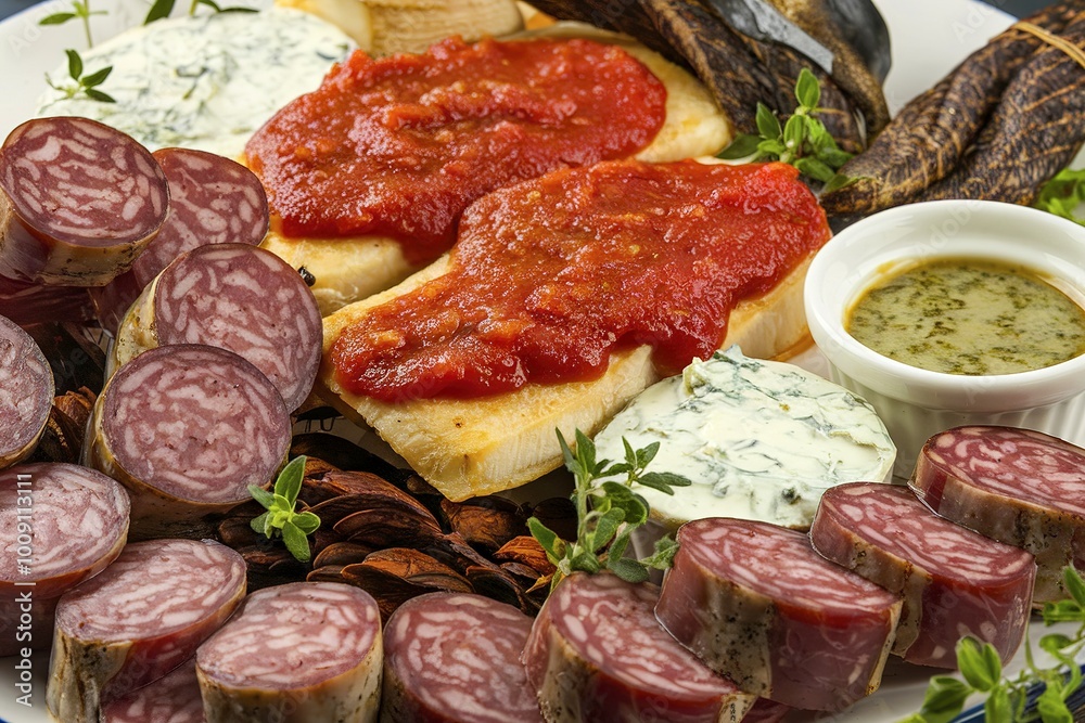 Smoked salami, dried meat and baked fillets with different sauces