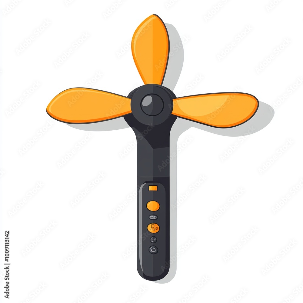 A handheld fan with orange blades and a control panel for adjusting speed and settings. A handheld fan with orange blades and a control panel for adjusting speed and settings.