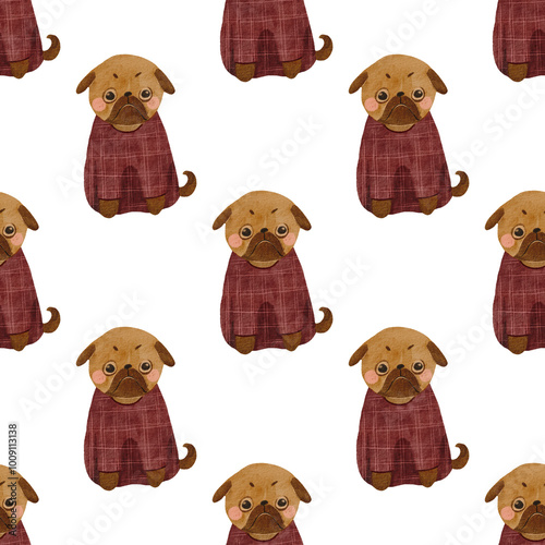 Seamless pattern of grumpy sitting pug on white background watercolor hand drawn seamless pattern photo