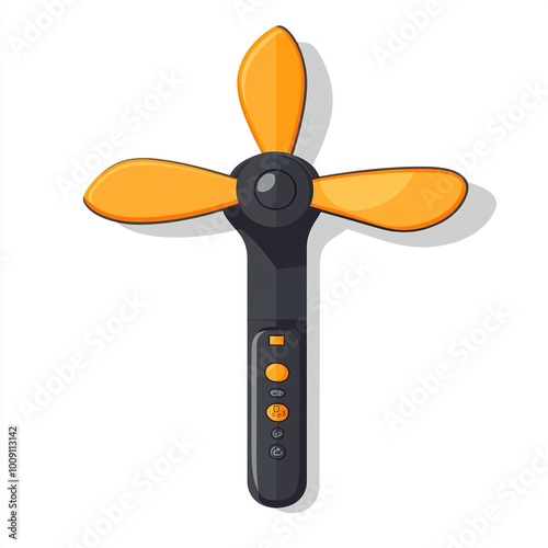 A handheld fan with orange blades and a control panel for adjusting speed and settings. photo