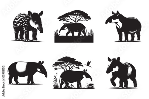 Silhoutte image of a Tapir white background