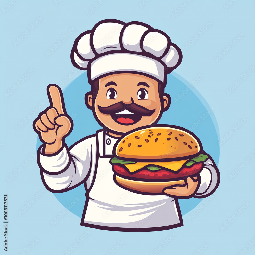 A cartoon chef holding a burger and pointing up, logo design on a blue background in a simple and flat style. A cartoon chef holding a burger and pointing up, logo design on a blue background in a simple and flat style.