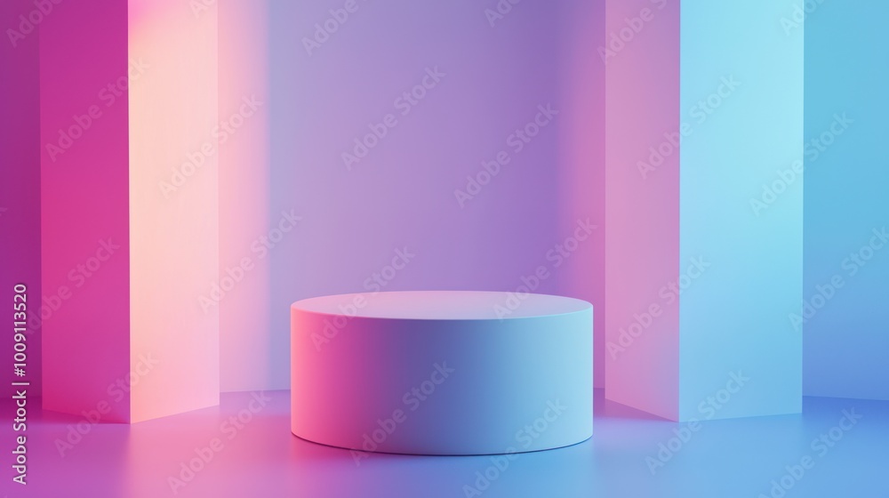 A white cylinder podium illuminated by soft lighting, with a minimal abstract background of floating 3D geometric shapes in soft blues and purples, creating a serene effect. A white cylinder podium illuminated by soft lighting, with a minimal abstract background of floating 3D geometric shapes in soft blues and purples, creating a serene effect.
