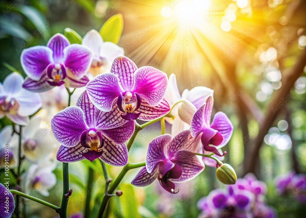 Close-up of vibrant purple and white orchid flowers in natural sunlight showcasing their exquisite beauty Close-up of vibrant purple and white orchid flowers in natural sunlight showcasing their exquisite beauty