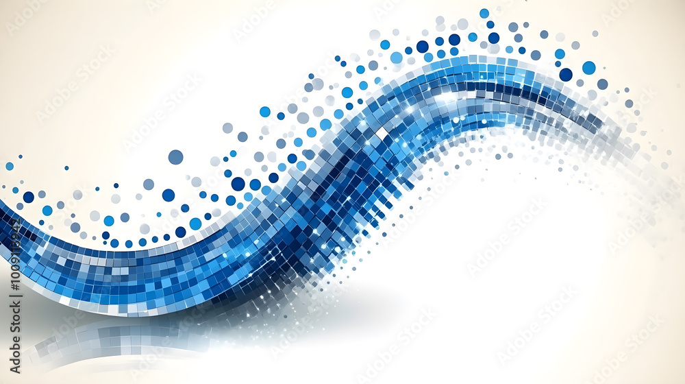 Abstract Blue Digital Wave Design, An abstract digital illustration featuring a dynamic wave composed of blue squares and circles on a light background. Abstract Blue Digital Wave Design, An abstract digital illustration featuring a dynamic wave composed of blue squares and circles on a light background.
