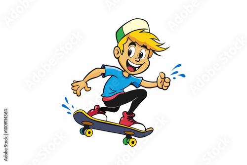 Cartoon smiling boy riding a skateboard. Vector illustration.