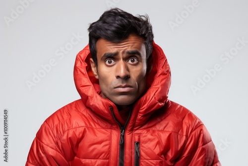 Portrait of a content indian man in his 30s donning a durable down jacket while standing against white background