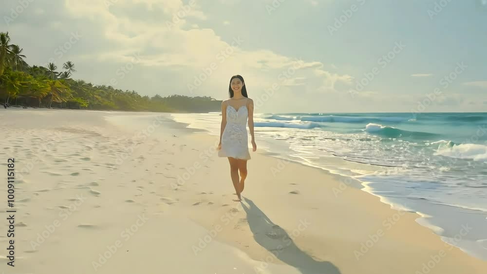 A joyful young woman with bright eyes, smiling broadly as she stands on a beach with crystal-clear waters in the background A joyful young woman with bright eyes, smiling broadly as she stands on a beach with crystal-clear waters in the background
