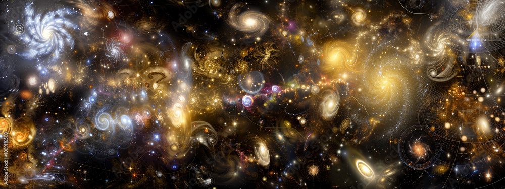 Massive black hole surrounded by swirling galaxies and stars symbolizing cosmic gravitational pull and the mysteries of black hole theory. Vibrant cosmic colors create awe and wonder.