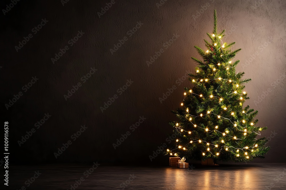 Festive Christmas tree adorned with warm lights, set against a dark background, creating a cozy holiday atmosphere. Festive Christmas tree adorned with warm lights, set against a dark background, creating a cozy holiday atmosphere.