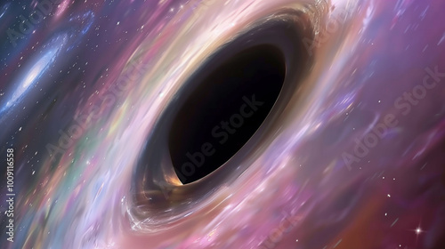 Massive black hole surrounded by swirling galaxies and stars symbolizing cosmic gravitational pull and the mysteries of black hole theory. Vibrant cosmic colors create awe and wonder. photo