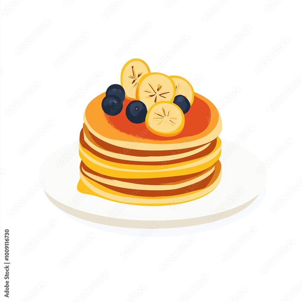 A stack of pancakes topped with banana slices and blueberries on a white plate. A stack of pancakes topped with banana slices and blueberries on a white plate.