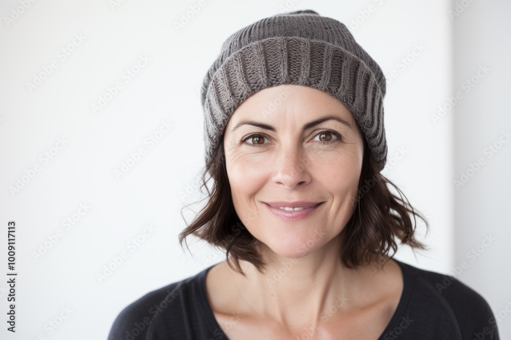 Portrait of a tender woman in her 40s donning a warm wool beanie isolated on white background Portrait of a tender woman in her 40s donning a warm wool beanie isolated on white background