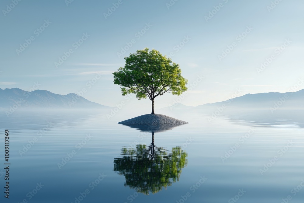 A single tree stands on a small island in a calm lake, its reflection mirroring the serene scene. A single tree stands on a small island in a calm lake, its reflection mirroring the serene scene.