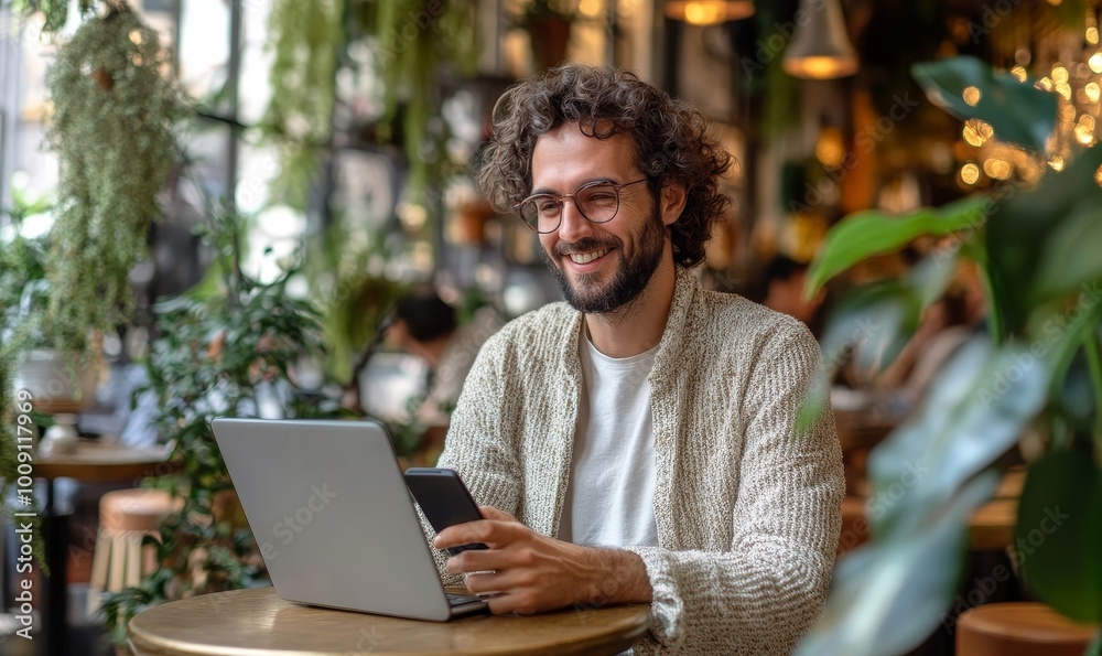Happy remote worker using smartphone and laptop in cafe, Generative AI Happy remote worker using smartphone and laptop in cafe, Generative AI