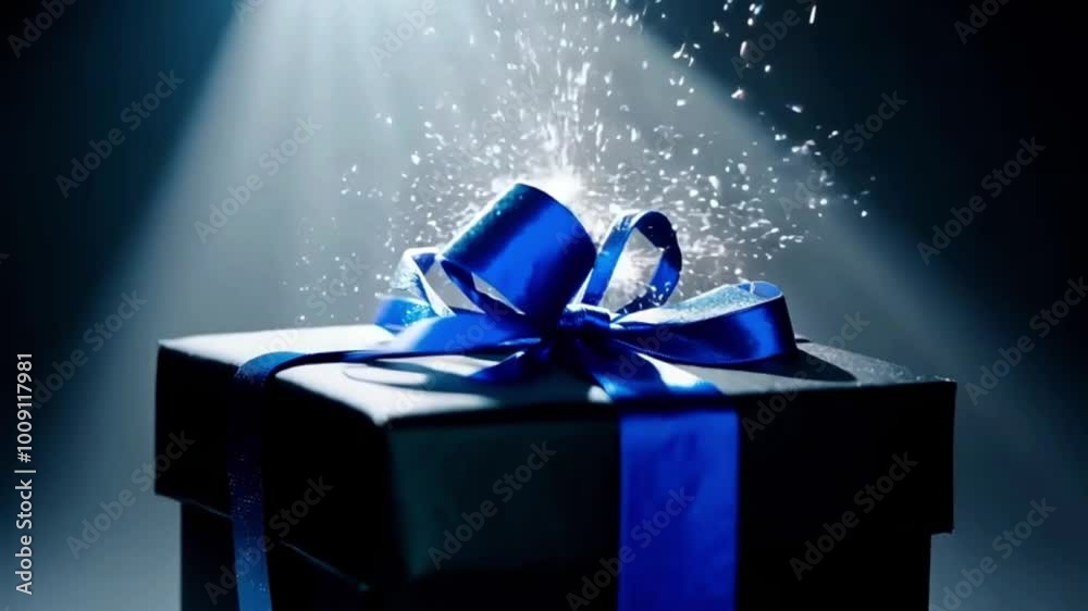 Sleek black gift box with a shiny blue ribbon, gently shimmering under a soft spotlight as sparkling effects emerge from the box