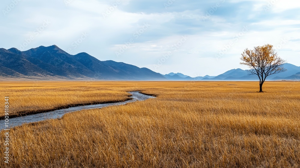 A single tree stands tall in a vast field with a winding river and distant mountains. A single tree stands tall in a vast field with a winding river and distant mountains.
