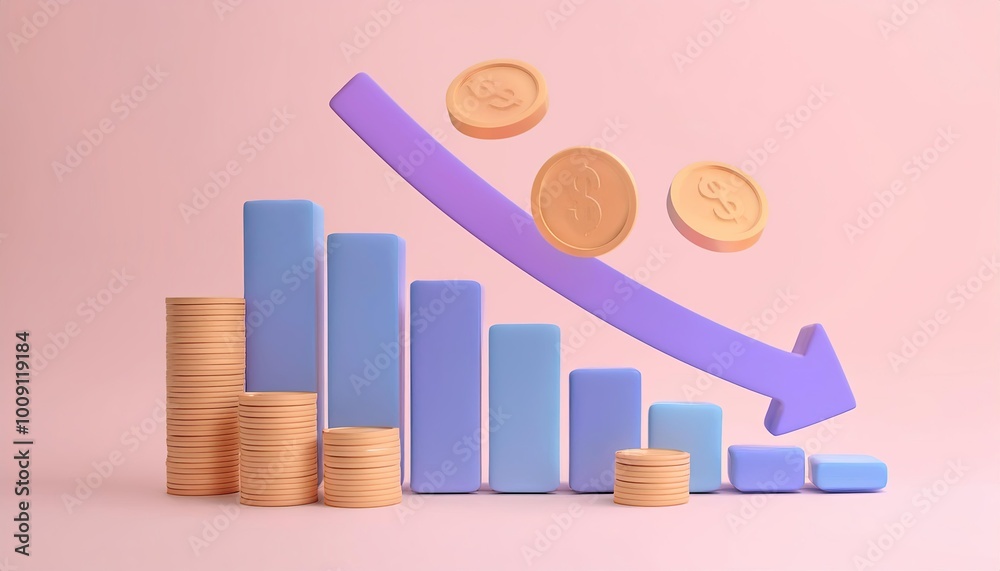 A colorful graph shows a downward trend, accompanied by stacks of coins, illustrating financial decline or loss. A colorful graph shows a downward trend, accompanied by stacks of coins, illustrating financial decline or loss.