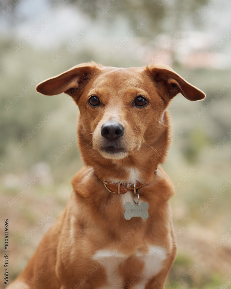 A dog sits outdoors with a calm expression in front of a natural background. The peaceful atmosphere and the dog's composed demeanor create a serene outdoor portrait. A dog sits outdoors with a calm expression in front of a natural background. The peaceful atmosphere and the dog's composed demeanor create a serene outdoor portrait.