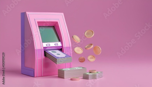 A colorful pink ATM dispens...