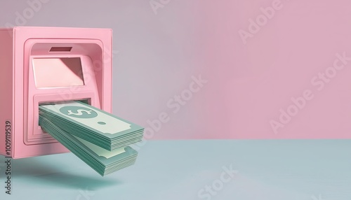 A pink ATM displays cash be...