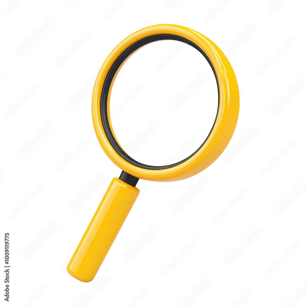3D cartoon magnifying glass illustration in bright yellow color, featuring a simplistic design. Vibrant handle and a playful, friendly look. Isolated on transparent background, png. 3D cartoon magnifying glass illustration in bright yellow color, featuring a simplistic design. Vibrant handle and a playful, friendly look. Isolated on transparent background, png.