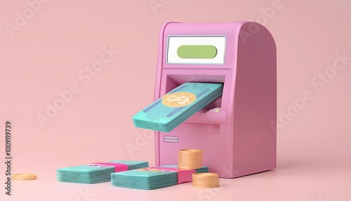A pastel pink bank with col...