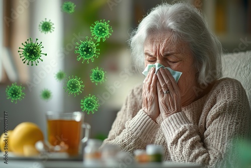 Cold. Portrait of a sad old woman, runny nose. An elderly woman has the flu and sneezes from a seasonal viral problem. Fever and cold in elderly with flu photo