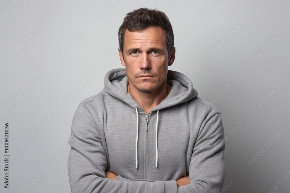 Portrait of a content man in his 40s wearing a zip-up fleece hoodie while standing against white background Portrait of a content man in his 40s wearing a zip-up fleece hoodie while standing against white background