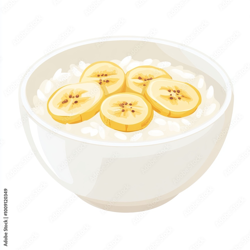 A bowl of rice topped with banana slices, showcasing a simple and nutritious meal. A bowl of rice topped with banana slices, showcasing a simple and nutritious meal.