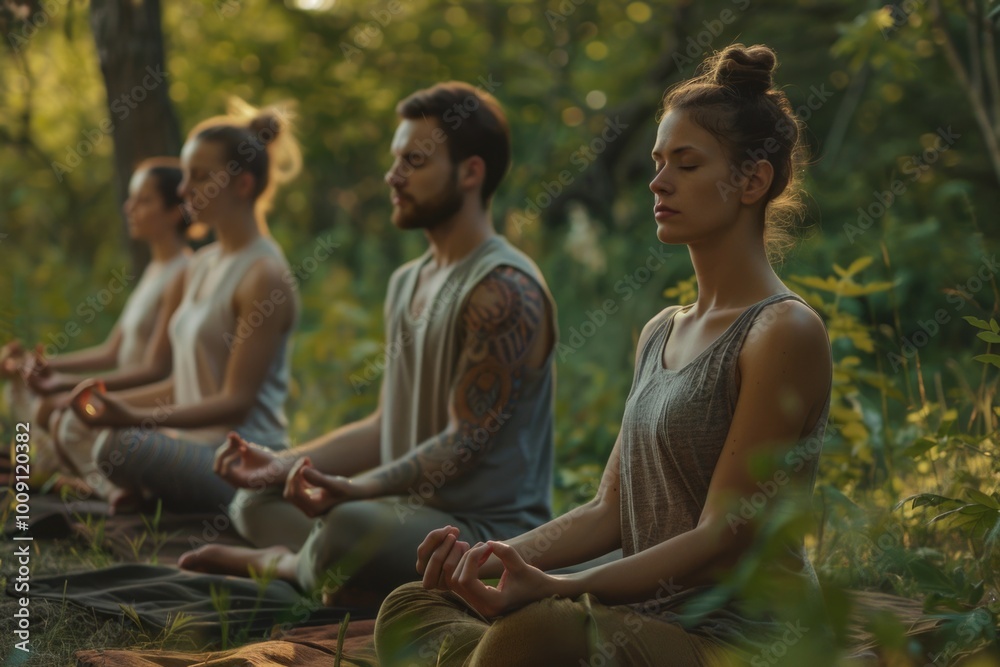 A group of people sitting cross-legged in a forest, focusing on their meditation practice A group of people sitting cross-legged in a forest, focusing on their meditation practice