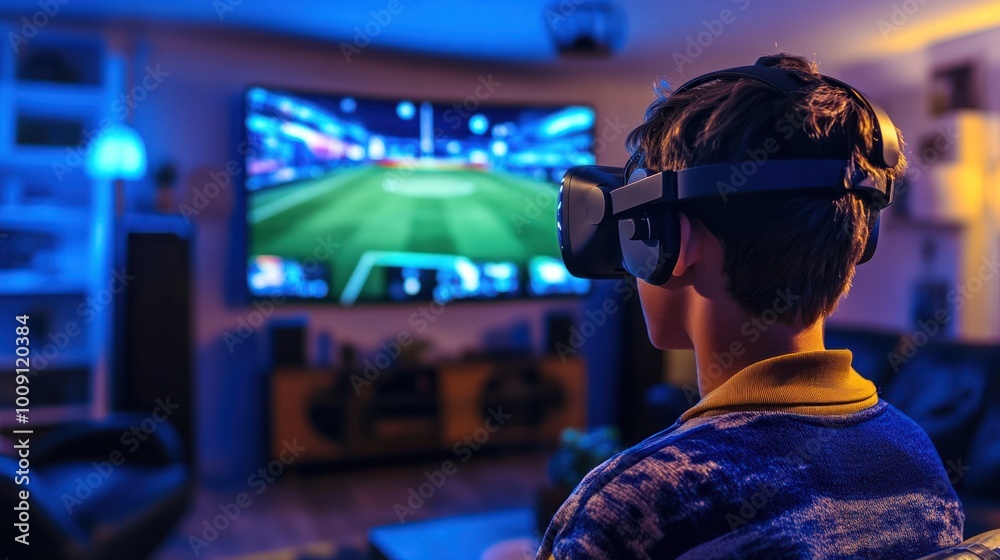 Obraz premium A teenager with a VR headset enjoying a virtual sports game at home, surrounded by a living room gaming setup designed for immersive experiences