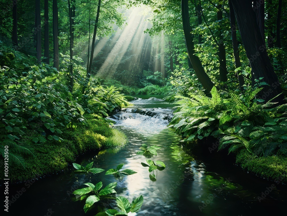 Obraz premium Sunlight streams through the trees, illuminating a tranquil forest stream.