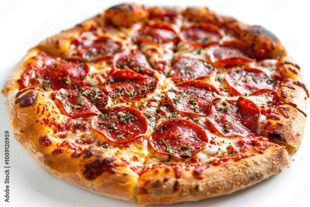 Fresh pepperoni pizza on a clean white surface