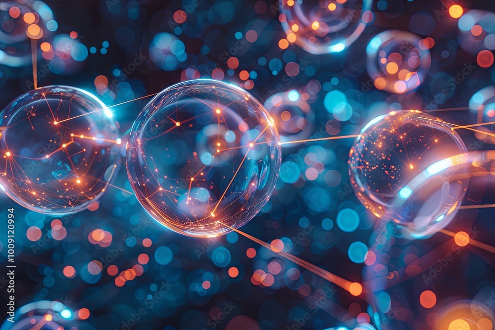 A futuristic digital art piece featuring transparent spheres connected by glowing lines and particles, representing data networks and connections in a high-tech environment.
A futuristic digital art piece featuring transparent spheres connected by glowing lines and particles, representing data networks and connections in a high-tech environment.