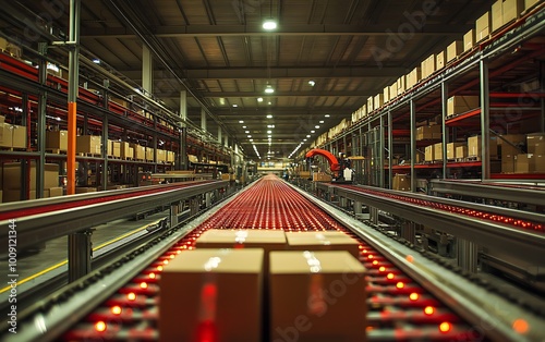 Automated Packaging Facility with Robotic Arms Filling and Sealing Boxes on Conveyor Belts