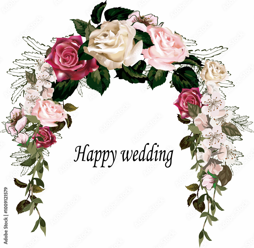 Wedding greeting card with garland of roses Wedding greeting card with garland of roses