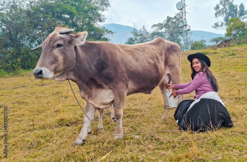 Campesina Andina en Ropa Típica Ordeñando Vaca en la Sierra.Mujer Rural en Vestimenta Tradicional Sacando Leche de Vaca en los Andes photo