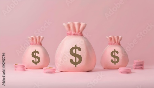 Three pink money bags with ...
