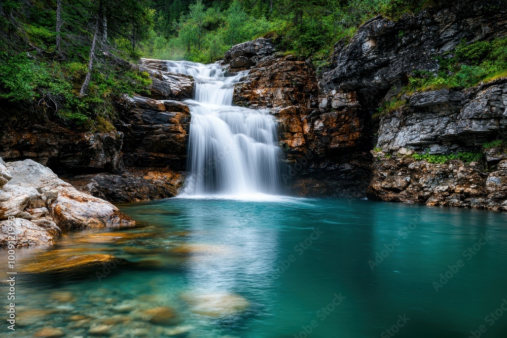 Tranquil waterfall cascading into a turquoise pool. Tranquil waterfall cascading into a turquoise pool.