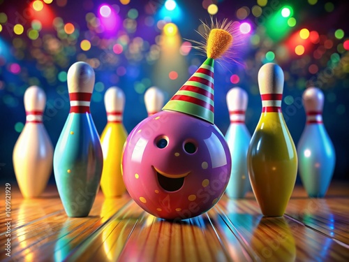 Colorful Animated Happy Birthday Bowling GIF with Ball and Pins for Celebration and Party Themes