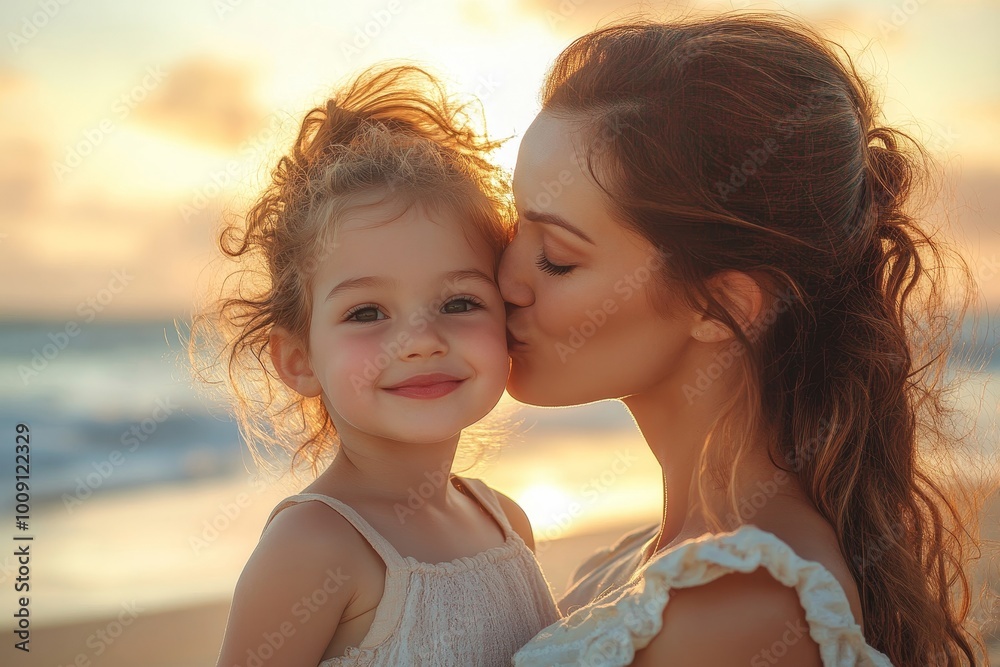 Loving mother kissing her smiling daughter on the beach, Generative AI Loving mother kissing her smiling daughter on the beach, Generative AI