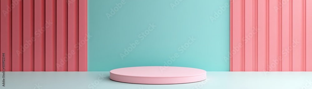 Stylish background featuring a circular display stand in pink, set against a blue and pink wall, perfect for product showcases Stylish background featuring a circular display stand in pink, set against a blue and pink wall, perfect for product showcases