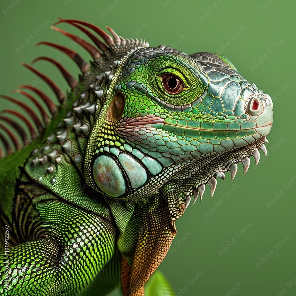 Fototapeta premium Close-up portrait of a vibrant iguana in a professional studio setting, showcasing its colorful scales and intricate textures
