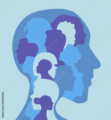 Abstract and stylized human head with multiple silhouettes of people's faces in various shades inside a man profile silhouette .