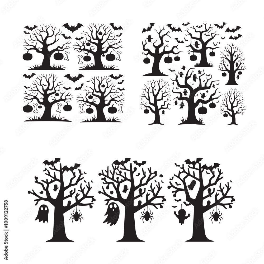Obraz premium set of halloween tree, dead tree vector silhouette