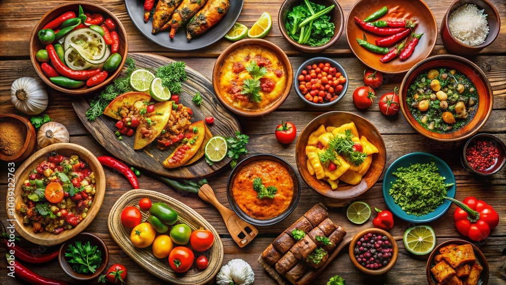 Fototapeta premium Colorful assortment of delicious dishes beautifully arranged on a rustic wooden dining table setting